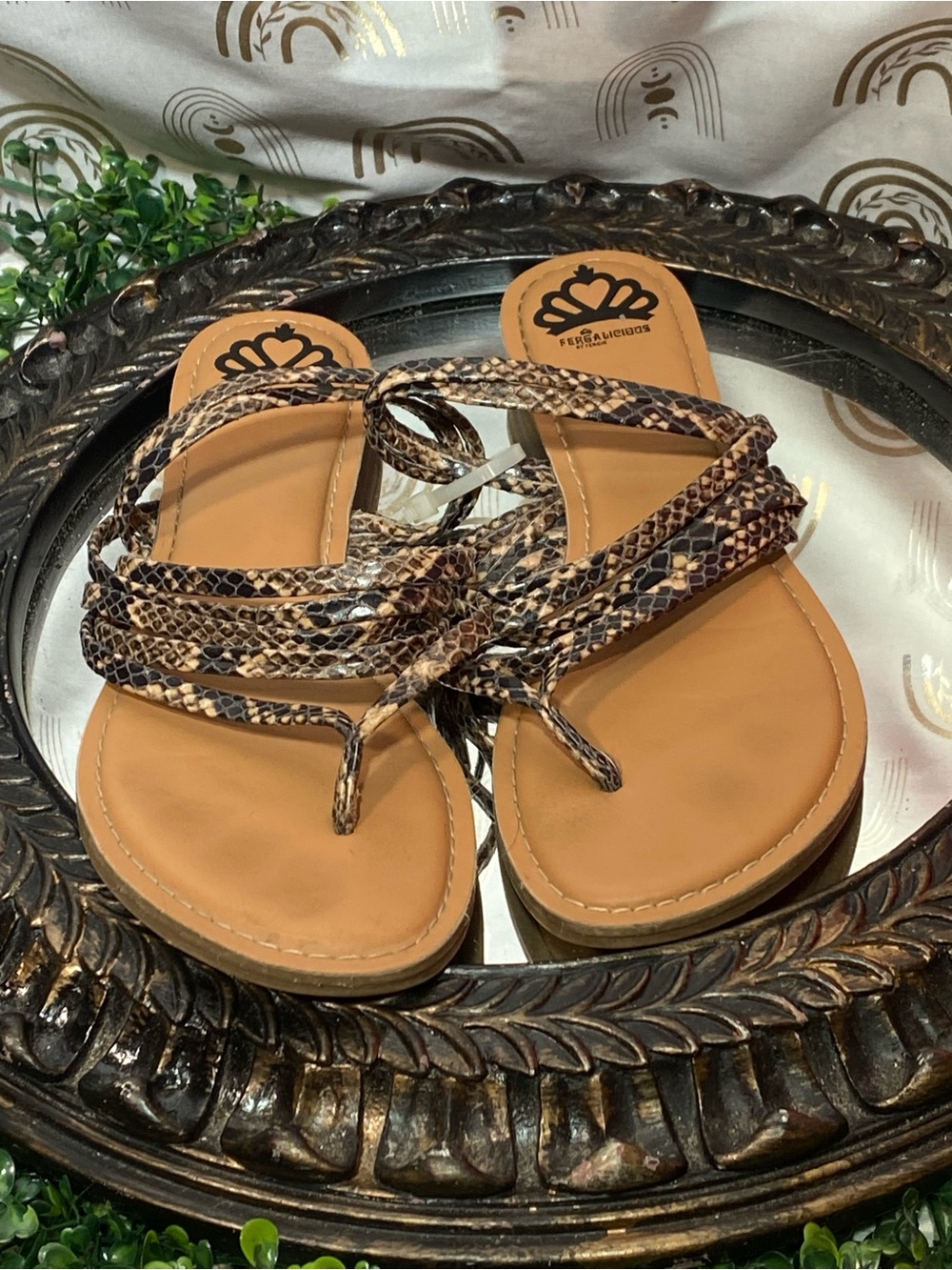 Fergalicious Brown & Tan Snake-Print Strappy Sandal